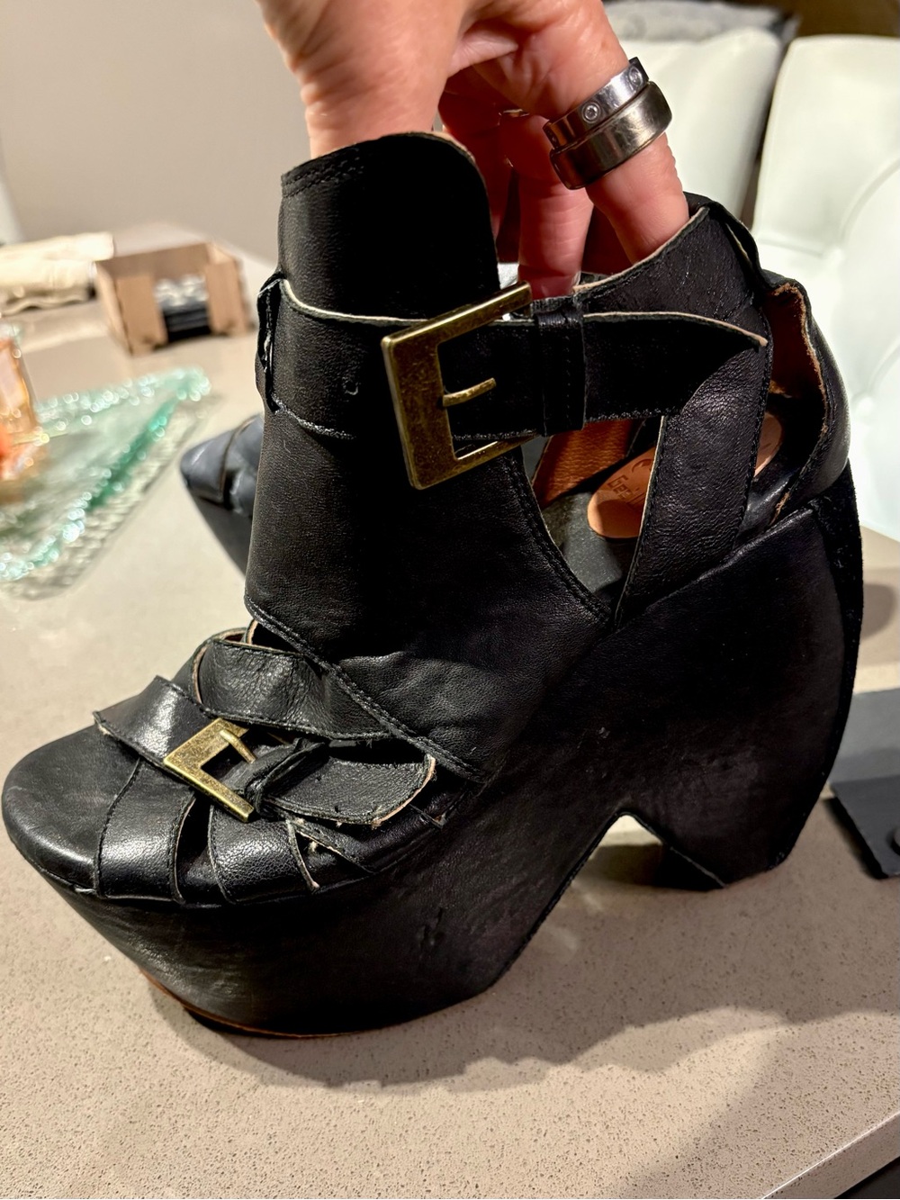 Geewawa Black Leather Strappy Leather Platforms, with Brass Buckles size 7 1/2